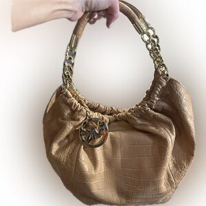 Michael Kors Erin Croc Embossed Tan Shoulder Bag with Gold Accents